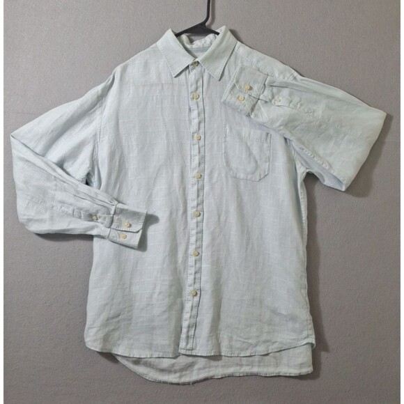 Tommy Bahama Linen Shirt Men M Blue Grid Costa Sera Beach Casual Resort Style - Picture 1 of 7